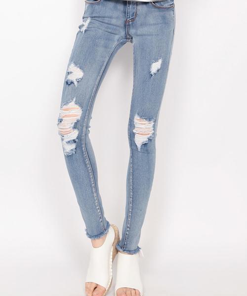 Girly Doll（ガーリードール）の「ストレッチクラッシュデニム（デニムパンツ・レディース・ワンウォッシュ/ホワイト/インディゴブルー/ネイビー/ブラック/ダークインディゴブルー・LL/XXS/M/L/XS/S）」の6枚目の写真