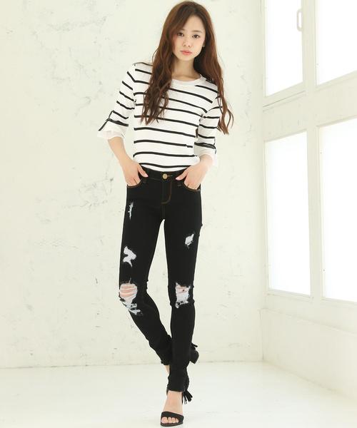 Girly Doll（ガーリードール）の「ストレッチクラッシュデニム（デニムパンツ・レディース・ワンウォッシュ/ホワイト/インディゴブルー/ネイビー/ブラック/ダークインディゴブルー・LL/XXS/M/L/XS/S）」の3枚目の写真