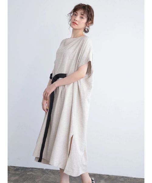 Editt by YECCA VECCA（エディットバイイェッカヴェッカ）の「レーヨン麻ベルトデザインワンピース（ワンピース・レディース・ベージュ/モカ・FREE）」の4枚目の写真
