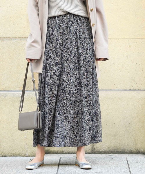 DouDou（ドゥドゥ）の「異素材切替プリントフレアスカート（スカート・レディース・ネイビー/ピンク/イエロー・FREE）」の2枚目の写真