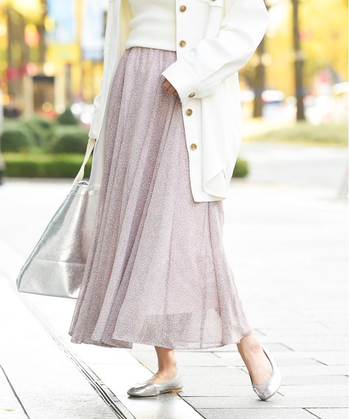 DouDou（ドゥドゥ）の「異素材切替プリントフレアスカート（スカート・レディース・ネイビー/ピンク/イエロー・FREE）」の3枚目の写真