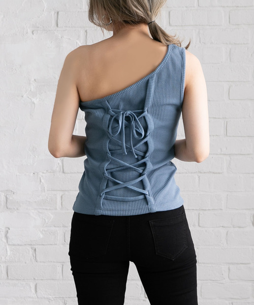 夢展望（ユメテンボウ）の「ワンショルレースアップテレコカットソートップス（タンクトップ・レディース・ベージュ/ダークブルー/グリーン系その他/テラコッタ/オフホワイト/ブラック・MEDIUM/LARGE）」の6枚目の写真