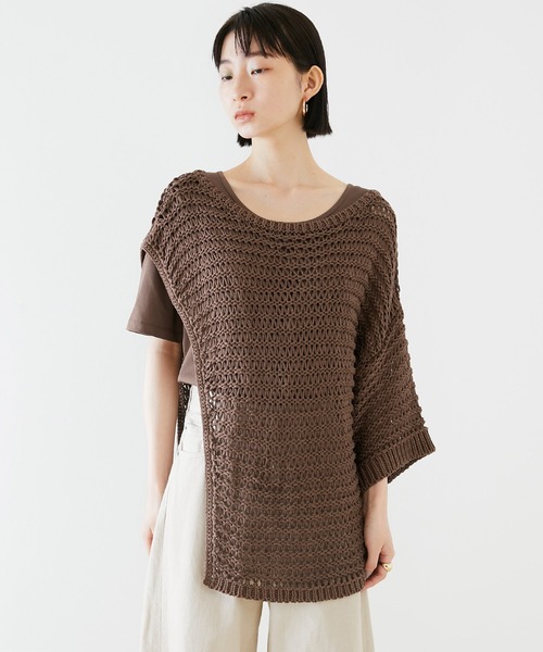 EMMA（EMMA CLOTHES）（エマ）の「【EMMA】メッシュレイヤードニット 半袖セット（Tシャツ/カットソー・レディース・ブラック/ベージュ/ブラウン・FREE）」の3枚目の写真
