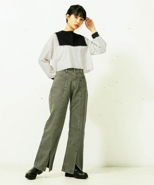 mikke（ミッケ）の「裏毛ボーダー 配色パイピング クロップドトップス/リンガーロンT（Tシャツ/カットソー・レディース・オフホワイト/イエロー/ブルー・FREE）」の4枚目の写真