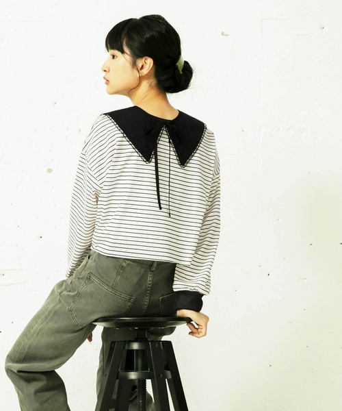 mikke（ミッケ）の「裏毛ボーダー 配色パイピング クロップドトップス/リンガーロンT（Tシャツ/カットソー・レディース・オフホワイト/イエロー/ブルー・FREE）」の11枚目の写真