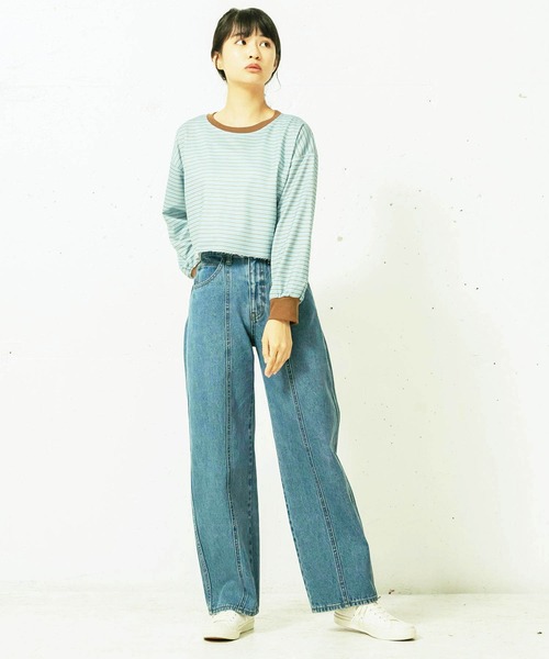 mikke（ミッケ）の「裏毛ボーダー 配色パイピング クロップドトップス/リンガーロンT（Tシャツ/カットソー・レディース・オフホワイト/イエロー/ブルー・FREE）」の21枚目の写真