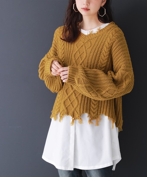 osharewalker（オシャレウォーカー）の「【廃盤】『ダメージデザインショートニット』（ニット/セーター・レディース・ブラック/マスタード/パープル・FREE）」の3枚目の写真