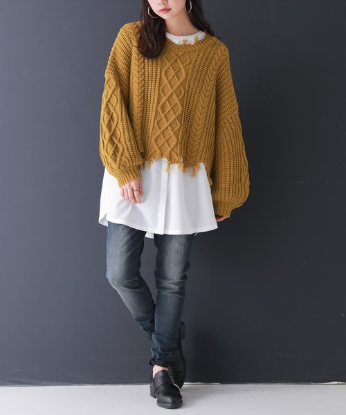 osharewalker（オシャレウォーカー）の「【廃盤】『ダメージデザインショートニット』（ニット/セーター・レディース・ブラック/マスタード/パープル・FREE）」の5枚目の写真