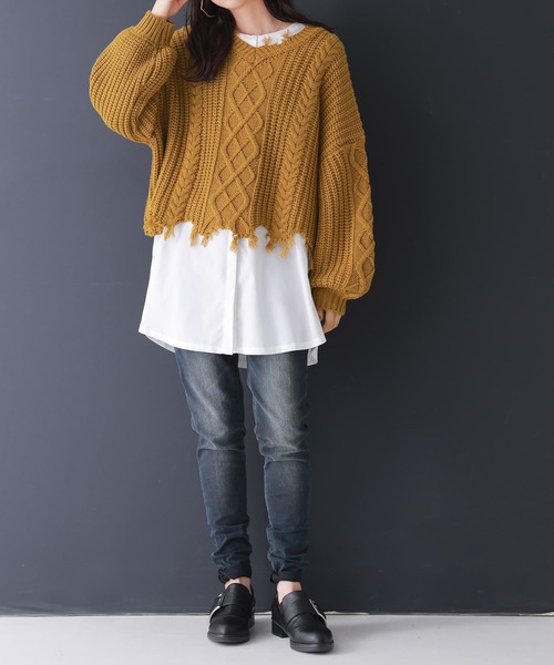 osharewalker（オシャレウォーカー）の「【廃盤】『ダメージデザインショートニット』（ニット/セーター・レディース・ブラック/マスタード/パープル・FREE）」の6枚目の写真