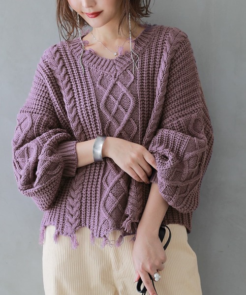 osharewalker（オシャレウォーカー）の「【廃盤】『ダメージデザインショートニット』（ニット/セーター・レディース・ブラック/マスタード/パープル・FREE）」の4枚目の写真