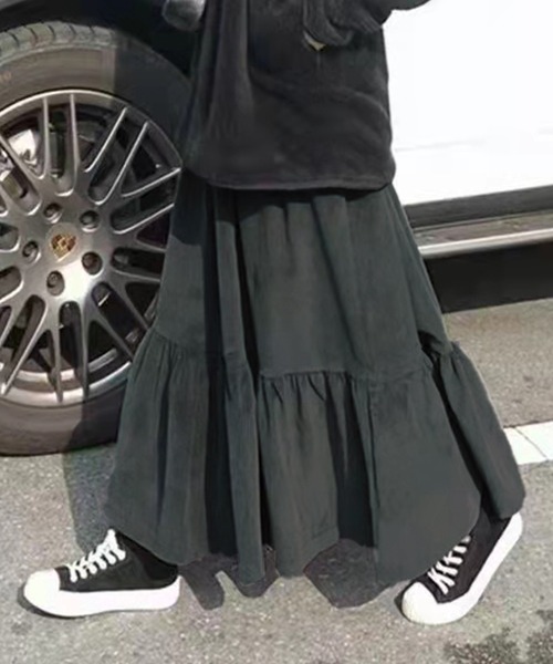 DAY CLOSET(デイ クローゼット)の「【ロング丈/中厚手】大人っぽ コーデュロイ ティアード フレア スカート レディース(スカート・レディース・チャコールグレー/ブラック/ベージュ・M/L)」の10枚目の写真