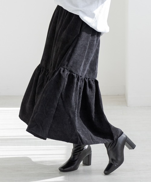 DAY CLOSET(デイ クローゼット)の「【ロング丈/中厚手】大人っぽ コーデュロイ ティアード フレア スカート レディース(スカート・レディース・チャコールグレー/ブラック/ベージュ・M/L)」の22枚目の写真