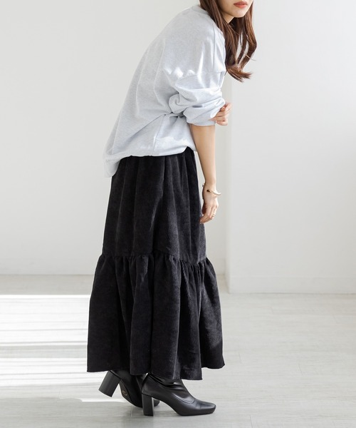 DAY CLOSET(デイ クローゼット)の「【ロング丈/中厚手】大人っぽ コーデュロイ ティアード フレア スカート レディース(スカート・レディース・チャコールグレー/ブラック/ベージュ・M/L)」の16枚目の写真