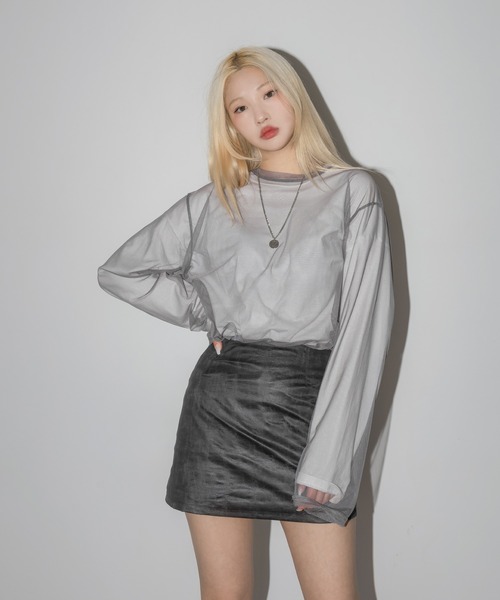 FOLLOWIN（フォロウィン）の「【FLW MADE/UNISEX】ポイントカラーシースルーロングＴシャツ（Tシャツ/カットソー・レディース・ブラック/ブラウン/グレー/レッド/ライム/ブルー/グリーン/アイボリー・FREE）」の4枚目の写真