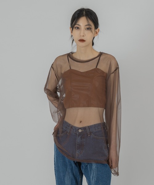 FOLLOWIN（フォロウィン）の「【FLW MADE/UNISEX】ポイントカラーシースルーロングＴシャツ（Tシャツ/カットソー・レディース・ブラック/ブラウン/グレー/レッド/ライム/ブルー/グリーン/アイボリー・FREE）」の12枚目の写真