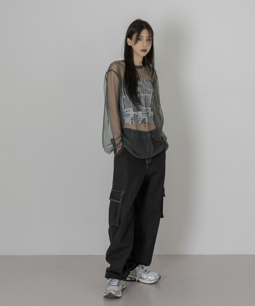 FOLLOWIN（フォロウィン）の「【FLW MADE/UNISEX】ポイントカラーシースルーロングＴシャツ（Tシャツ/カットソー・レディース・ブラック/ブラウン/グレー/レッド/ライム/ブルー/グリーン/アイボリー・FREE）」の14枚目の写真