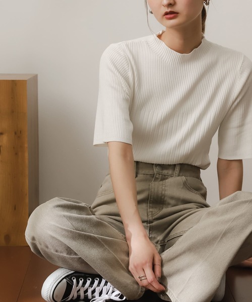 SENSE OF PLACE by URBAN RESEARCH（センスオブプレイスバイアーバンリサーチ）の「ワイドリブコンパクトセーター(5分袖)（ニット/セーター・レディース・ブラック/ベージュ/オフホワイト/オレンジ/グリーン・ONE）」の2枚目の写真