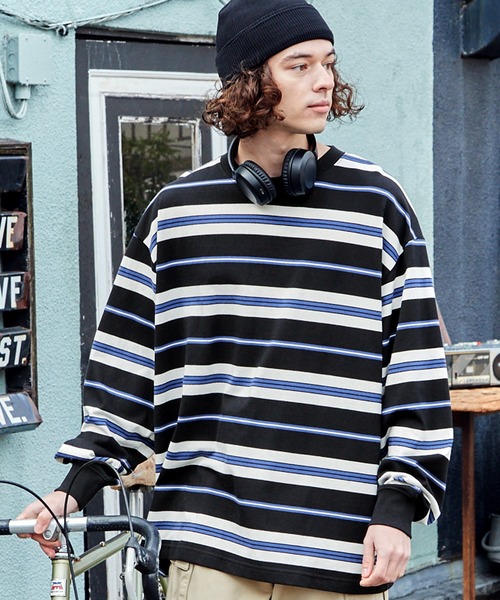 BARK MANHATTAN（バークマンハッタン）の「ビッグシルエットマルチボーダーTシャツ（Tシャツ/カットソー・メンズ・ホワイト/グリーン/ブラック/チャコール/ブルー・M/L）」の2枚目の写真