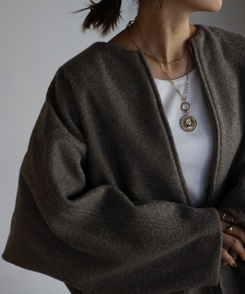 Bonjour Sagan(ボンジュールサガン)の「ウールライクコクーンコート(ノーカラーコート・レディース・キナリ/ネイビー/グレイッシュベージュ・FREE)」の18枚目の写真