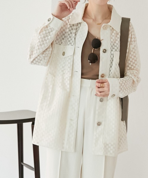 COLLAGE GALLARDAGALANTE（コラージュガリャルダガランテ）の「【OT】チェックメッシュシャツジャケット（シャツ/ブラウス・レディース・オフホワイト/グリーン・FREE）」の2枚目の写真
