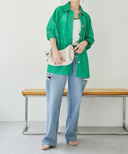 COLLAGE GALLARDAGALANTE（コラージュガリャルダガランテ）の「【OT】チェックメッシュシャツジャケット（シャツ/ブラウス・レディース・オフホワイト/グリーン・FREE）」の4枚目の写真