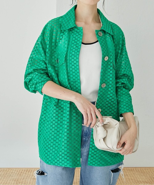 COLLAGE GALLARDAGALANTE（コラージュガリャルダガランテ）の「【OT】チェックメッシュシャツジャケット（シャツ/ブラウス・レディース・オフホワイト/グリーン・FREE）」の3枚目の写真