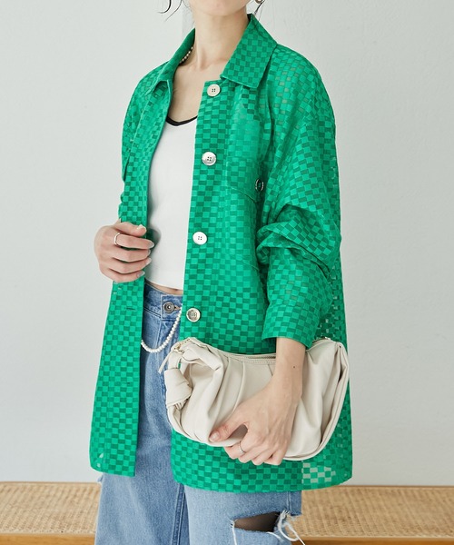 COLLAGE GALLARDAGALANTE（コラージュガリャルダガランテ）の「【OT】チェックメッシュシャツジャケット（シャツ/ブラウス・レディース・オフホワイト/グリーン・FREE）」の5枚目の写真