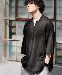 MONO-MART | オーバーサイズスキッパー半袖ポロニット/ナバルボーダー(ポロシャツ)