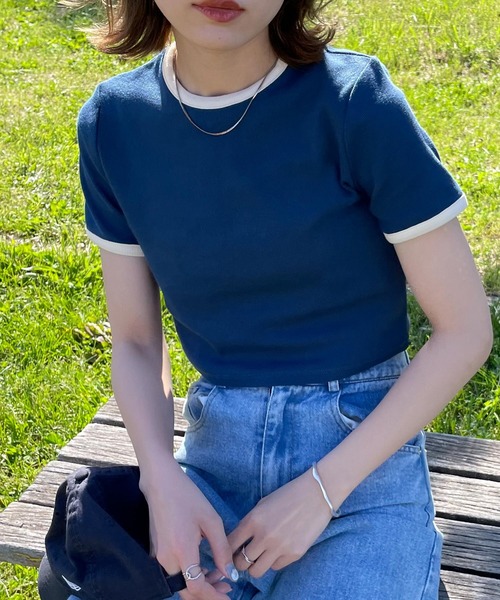 Chillfar（チルファー）の「テレコショート丈リンガーTEE（Tシャツ/カットソー・レディース・キナリ/ブラック系/ネイビー系/杢グレー/ホワイト×ブラック・FREE）」の5枚目の写真
