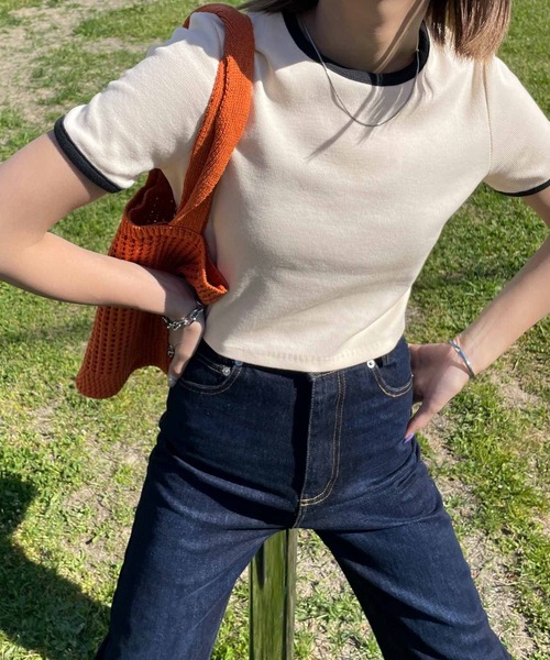 Chillfar（チルファー）の「テレコショート丈リンガーTEE（Tシャツ/カットソー・レディース・キナリ/ブラック系/ネイビー系/杢グレー/ホワイト×ブラック・FREE）」の18枚目の写真