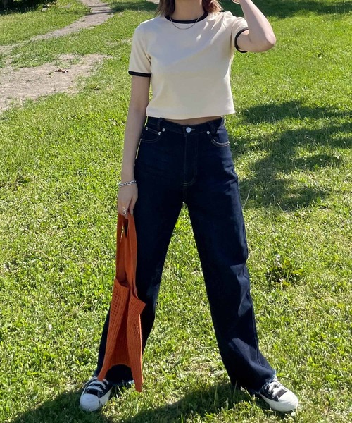 Chillfar（チルファー）の「テレコショート丈リンガーTEE（Tシャツ/カットソー・レディース・キナリ/ブラック系/ネイビー系/杢グレー/ホワイト×ブラック・FREE）」の22枚目の写真