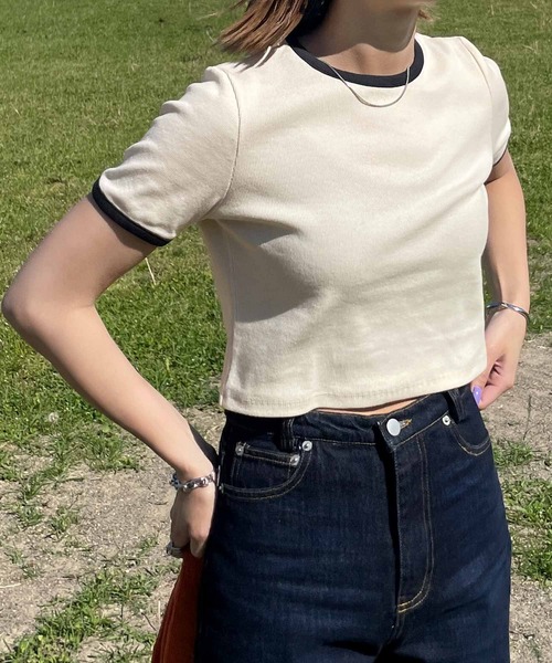 Chillfar（チルファー）の「テレコショート丈リンガーTEE（Tシャツ/カットソー・レディース・キナリ/ブラック系/ネイビー系/杢グレー/ホワイト×ブラック・FREE）」の17枚目の写真