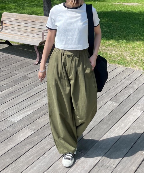 Chillfar（チルファー）の「テレコショート丈リンガーTEE（Tシャツ/カットソー・レディース・キナリ/ブラック系/ネイビー系/杢グレー/ホワイト×ブラック・FREE）」の15枚目の写真