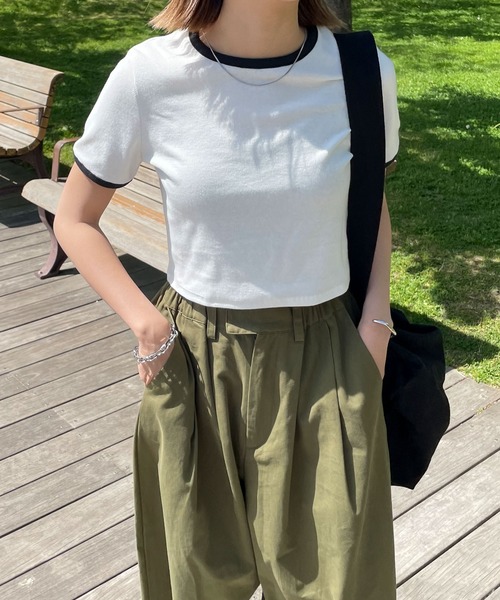 Chillfar（チルファー）の「テレコショート丈リンガーTEE（Tシャツ/カットソー・レディース・キナリ/ブラック系/ネイビー系/杢グレー/ホワイト×ブラック・FREE）」の9枚目の写真