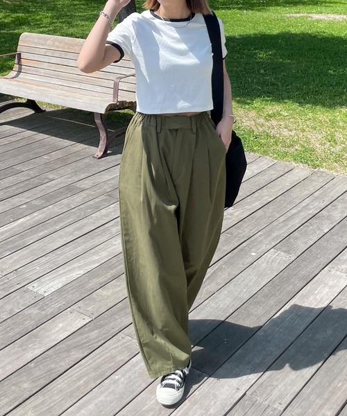 Chillfar（チルファー）の「テレコショート丈リンガーTEE（Tシャツ/カットソー・レディース・キナリ/ブラック系/ネイビー系/杢グレー/ホワイト×ブラック・FREE）」の12枚目の写真