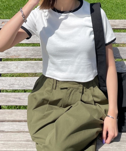 Chillfar（チルファー）の「テレコショート丈リンガーTEE（Tシャツ/カットソー・レディース・キナリ/ブラック系/ネイビー系/杢グレー/ホワイト×ブラック・FREE）」の8枚目の写真