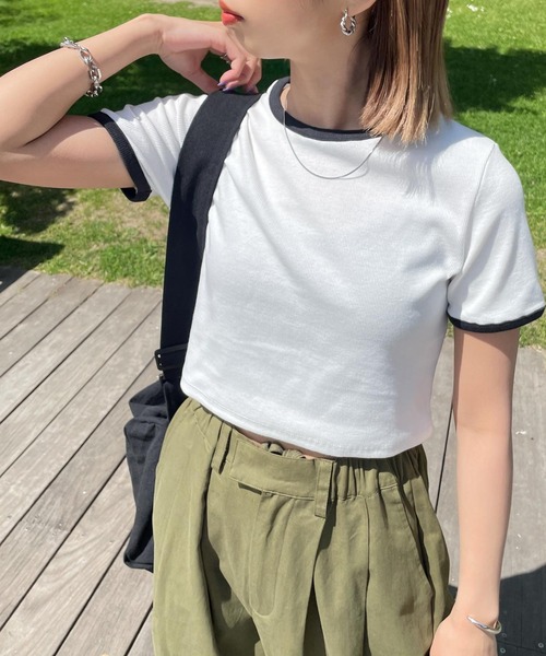 Chillfar（チルファー）の「テレコショート丈リンガーTEE（Tシャツ/カットソー・レディース・キナリ/ブラック系/ネイビー系/杢グレー/ホワイト×ブラック・FREE）」の7枚目の写真