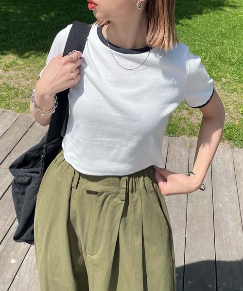 Chillfar（チルファー）の「テレコショート丈リンガーTEE（Tシャツ/カットソー・レディース・キナリ/ブラック系/ネイビー系/杢グレー/ホワイト×ブラック・FREE）」の10枚目の写真