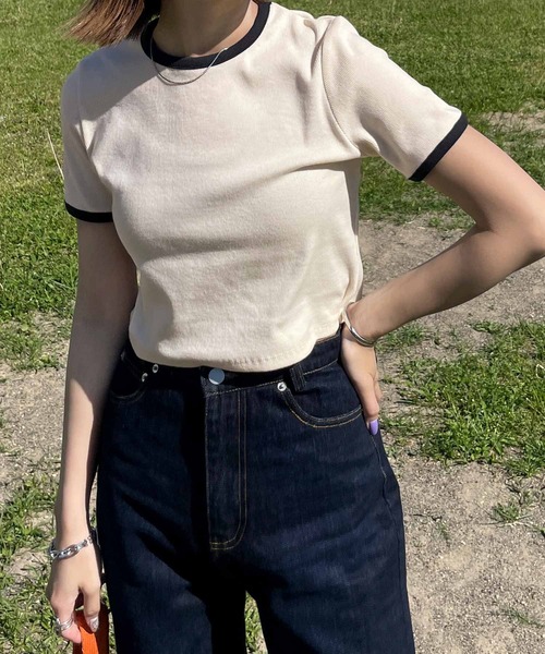 Chillfar（チルファー）の「テレコショート丈リンガーTEE（Tシャツ/カットソー・レディース・キナリ/ブラック系/ネイビー系/杢グレー/ホワイト×ブラック・FREE）」の19枚目の写真