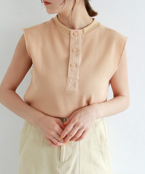 Crisp（クリスプ）の「ヘンリーフレンチワッフルTシャツ（Tシャツ/カットソー・レディース・コーラルピンク/アイボリー・FREE）」の2枚目の写真