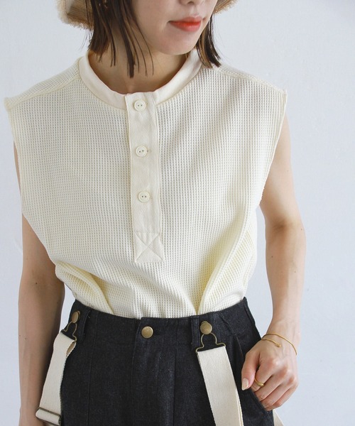 Crisp（クリスプ）の「ヘンリーフレンチワッフルTシャツ（Tシャツ/カットソー・レディース・コーラルピンク/アイボリー・FREE）」の5枚目の写真