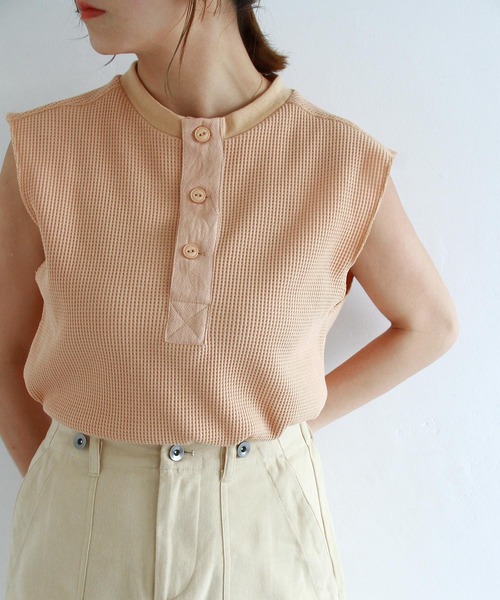 Crisp（クリスプ）の「ヘンリーフレンチワッフルTシャツ（Tシャツ/カットソー・レディース・コーラルピンク/アイボリー・FREE）」の19枚目の写真