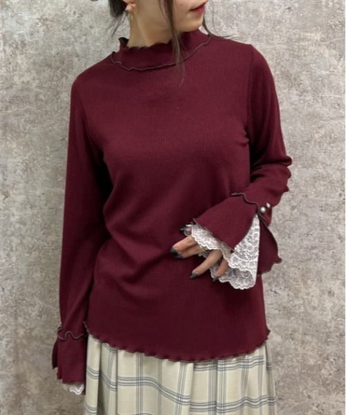 axes femme（アクシーズファム）の「袖レースバイカラーメロープルオーバー（Tシャツ/カットソー・レディース・ブラック/ミント/ワイン/キナリ・FREE）」の4枚目の写真