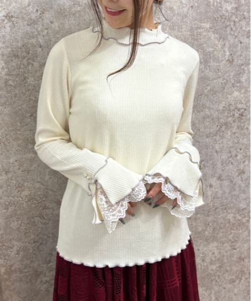 axes femme（アクシーズファム）の「袖レースバイカラーメロープルオーバー（Tシャツ/カットソー・レディース・ブラック/ミント/ワイン/キナリ・FREE）」の5枚目の写真