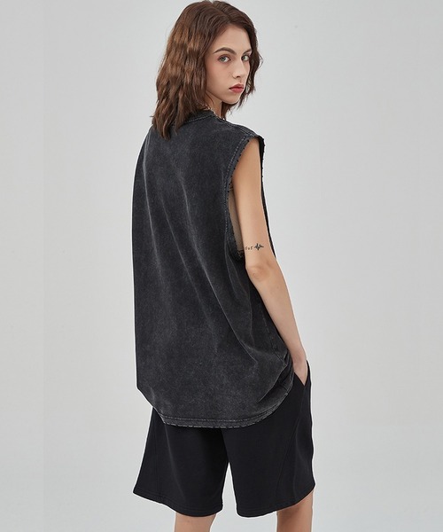 無地 ロング丈ノースリーブTシャツ 色落ち タンクトップ（タンク