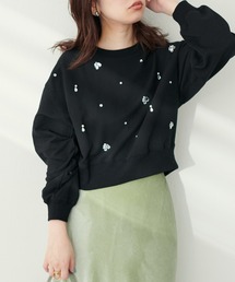 natural couture | ビジュー×パールショート丈裏起毛プルオーバー(Tシャツ/カットソー)