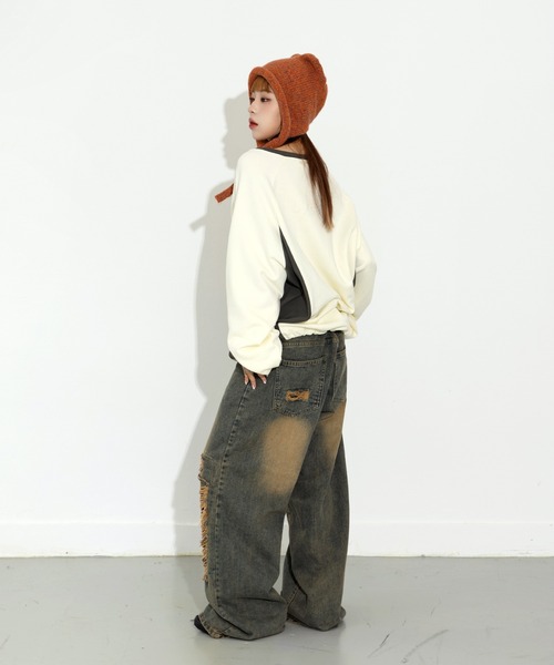 FOLLOWIN（フォロウィン）の「[UNISEX] [6clolor] Y2KティーンコアレタリングVネックスウェットパーカー（パーカー・レディース・クリーム/ブラック/アイボリー/カーキ/ライトブルー/ブラウン・FREE）」の10枚目の写真