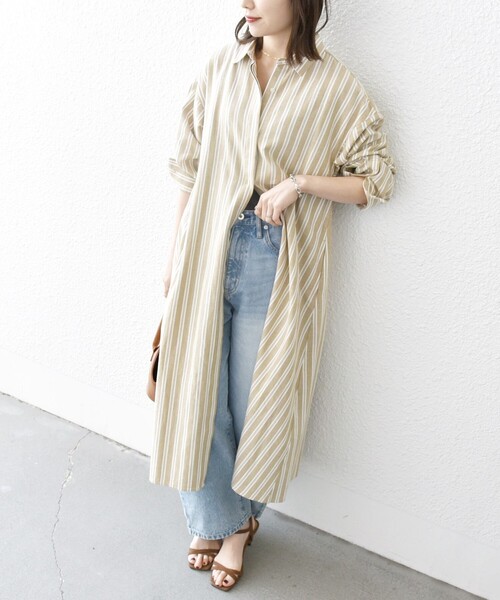 SHIPS any（シップス エニィ）の「SHIPS any:〈洗濯機可能〉リネン ミックス ストライプ シャツ ワンピース（シャツワンピース・レディース・オフホワイト/グレー/ベージュ・ONE SIZE）」の3枚目の写真