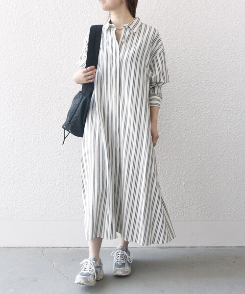 SHIPS any（シップス エニィ）の「SHIPS any:〈洗濯機可能〉リネン ミックス ストライプ シャツ ワンピース（シャツワンピース・レディース・オフホワイト/グレー/ベージュ・ONE SIZE）」の10枚目の写真