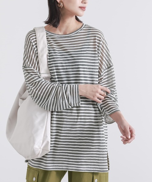 n'OrLABEL（ノアールレーベル）の「シアーボーダーカットソー（Tシャツ/カットソー・レディース・グレー/オフホワイト・FREE）」の2枚目の写真